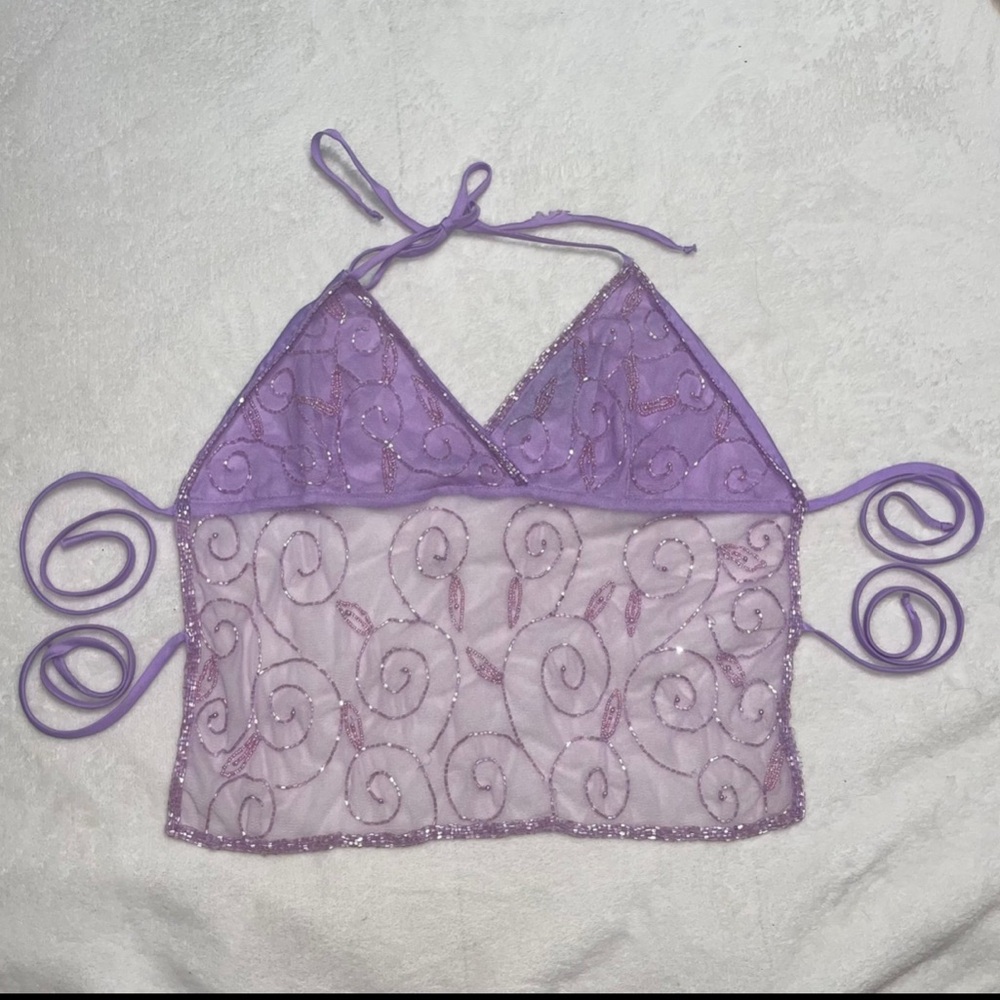 Passport purple y2k beaded tie halter top